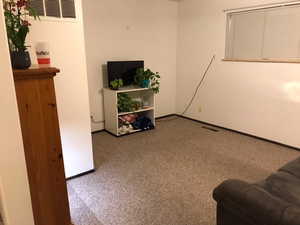 Living area with carpet and a heating unit