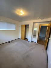 Unfurnished bedroom featuring carpet floors and a closet