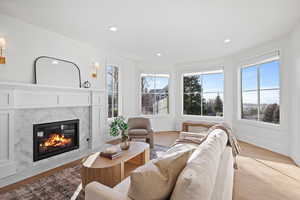 Living room with a high end fireplace, light wood-style flooring, and recessed lighting