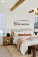 Bedroom featuring carpet, beam ceiling, and recessed lighting
