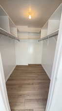 Walk in closet with light wood-type flooring