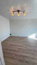 Empty room featuring light wood-style flooring, a textured ceiling, and rail lighting