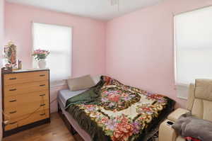 Bedroom with wood finished floors and a ceiling fan