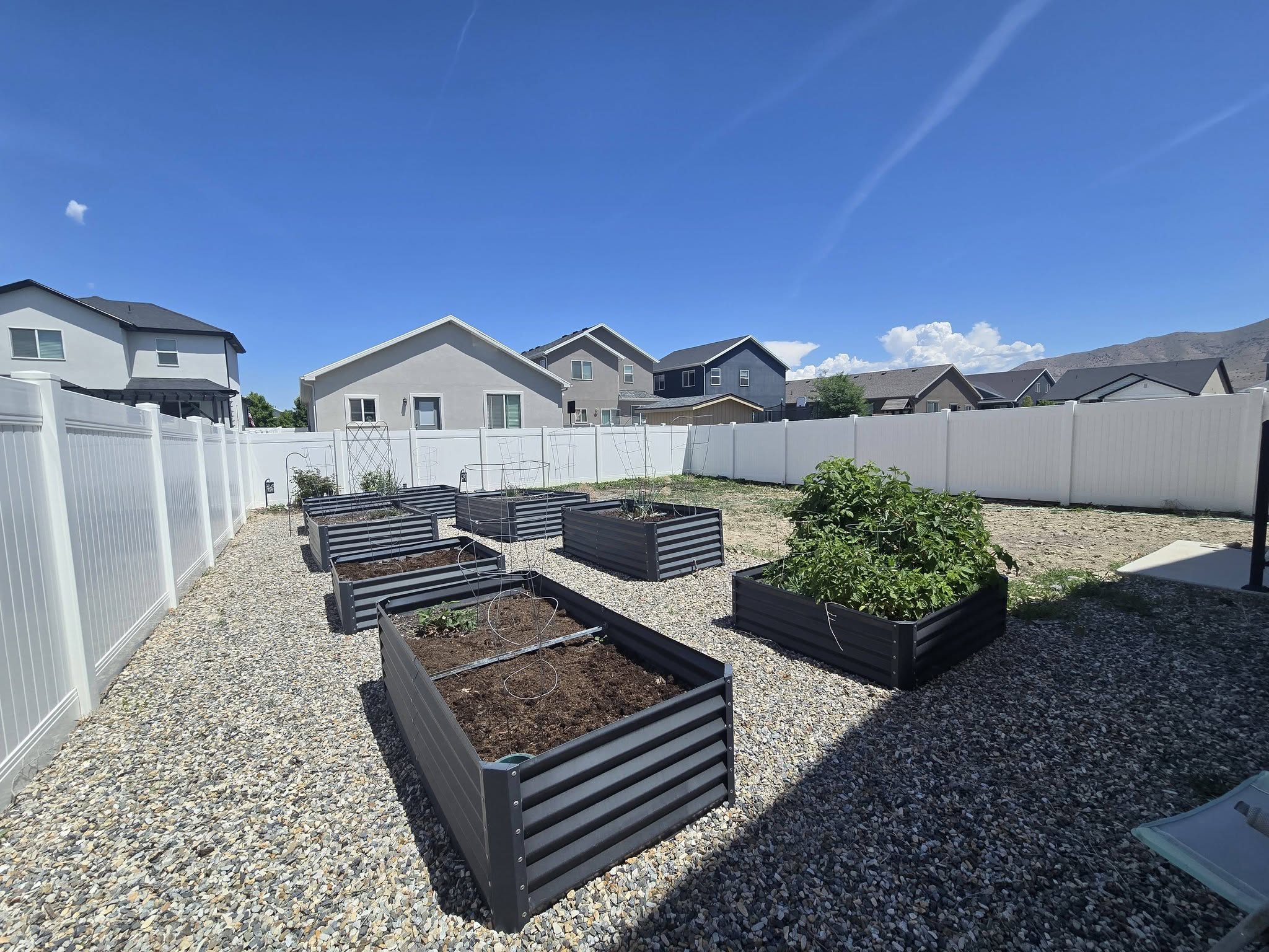 Fenced backyard with a residential view