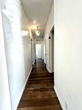 Hall featuring hanging lights, dark wood-type flooring, and ornamental molding