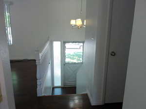 Entryway with stairs and dark wood-style flooring
