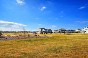 Community play area with a lawn and a residential view