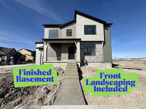 View of front of house with covered porch, stone siding, and a residential view