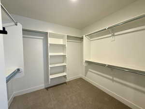 Walk in closet featuring dark colored carpet