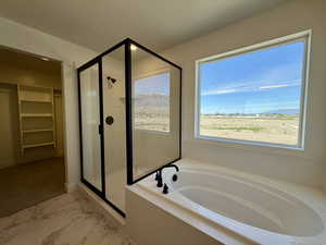 Bathroom featuring a mountain view, a spacious closet, a bath, and a shower stall