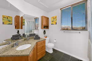 Bathroom featuring vanity, a shower with curtain, and dark tile patterned flooring