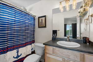 Full bath featuring vanity and a shower with shower curtain