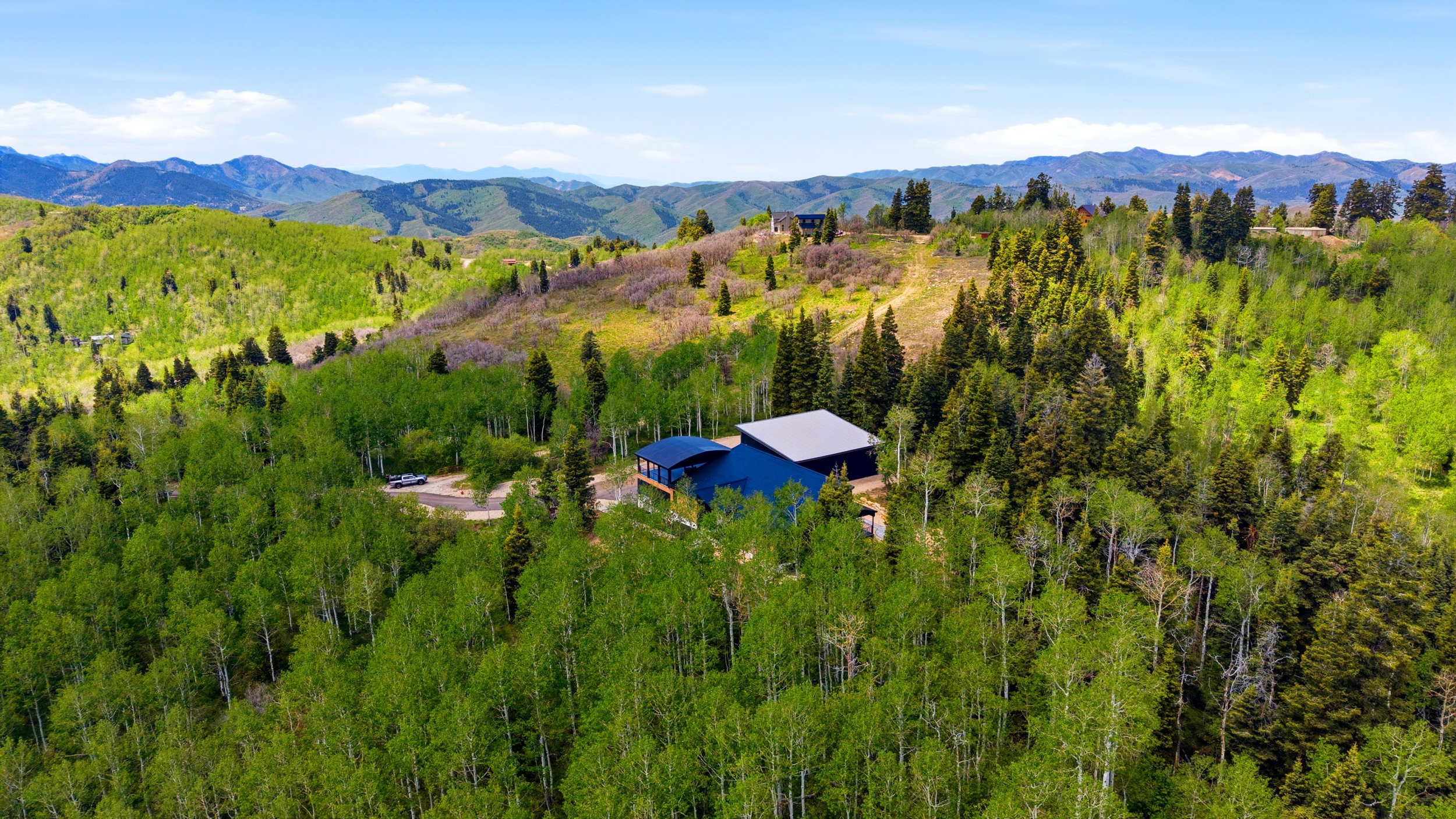 Modern mountain residence nestled among extensive mature trees.