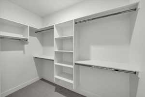 Walk in closet featuring light colored carpet