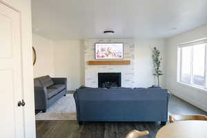 Living area featuring wood finished floors and a fireplace