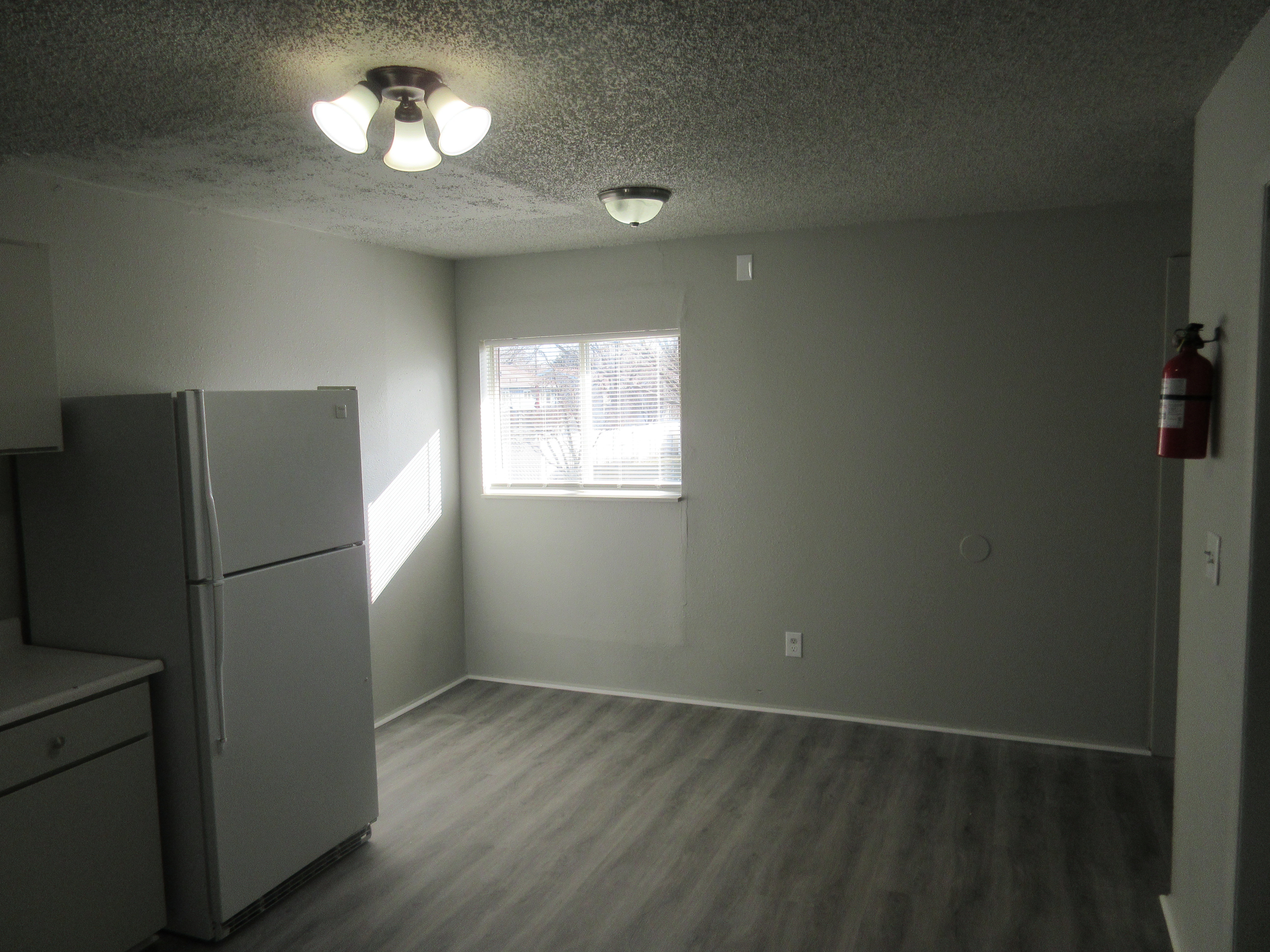 Unfurnished dining area with a textured ceiling and dark wood-type flooring