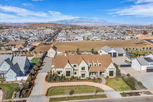Aerial view of residential area with mountains