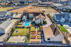 Aerial view of residential area with a pool