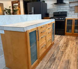 Kitchen featuring wood finish cabinets, dark wood-style flooring, gas stove, fridge with ice dispenser, and decorative backsplash