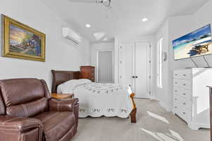 Bedroom with recessed lighting, a ceiling fan, carpet flooring, and a closet