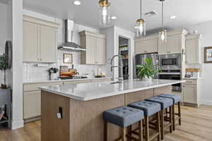 Dual tone kitchen with stainless steel appliances, an island with sink, pendant lighting, light wood finished floors, and two tone color scheme