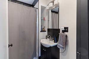 Bathroom with a shower with curtain and vanity