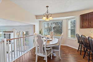 Dining space featuring a textured ceiling, hanging lights, healthy amount of natural light, and dark wood-style floors