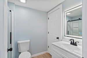 Full bathroom with vanity, light wood-style flooring, and a stall shower