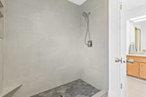 Primary bathroom with shower separate from vanity area.