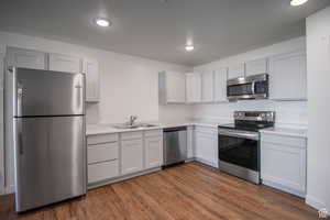 Kitchen with stainless steel appliances, light countertops, dark wood-style floors, and recessed lighting