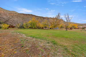 View of green lawn with a mountain view and a view of rural / pastoral area