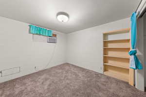 Finished basement featuring carpet and concrete block wall
