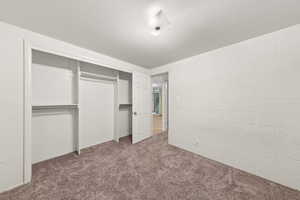 Unfurnished bedroom featuring carpet and a closet