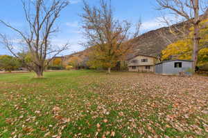 View of grassy yard with a mountain view