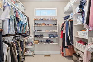 Walk in closet with light colored carpet