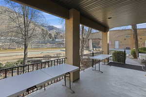 View of patio / terrace with a mountain view