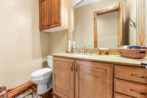 Half bath featuring vanity and dark wood-style flooring