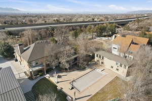Aerial view of residential area with mountains