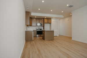 Kitchen with stainless steel appliances, a center island, light countertops, light wood-type flooring, and wood finish cabinetry