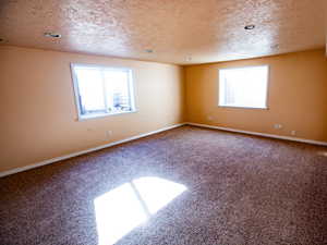 Carpeted empty room featuring plenty of natural light and a textured ceiling