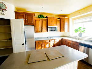 Kitchen featuring stainless steel appliances, wood finish cabinets, light countertops, and recessed lighting