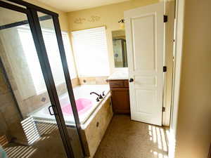 Bathroom featuring a shower stall, a bath, and vanity