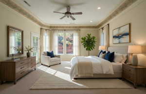 Bedroom featuring light colored carpet, access to exterior, ceiling fan, and crown molding