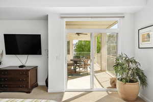Doorway with carpet floors, plenty of natural light, and ceiling fan