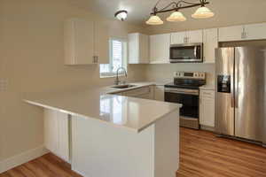 Kitchen with a peninsula, white cabinetry, stainless steel appliances, decorative light fixtures, and light wood-type flooring
