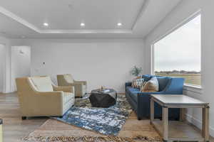 Living area featuring a raised ceiling, wood finished floors, and recessed lighting