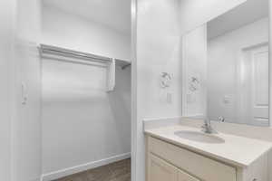 Bathroom featuring vanity, dark colored carpet, and a spacious closet