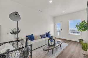 Living area featuring wood finished floors and recessed lighting