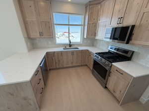 Kitchen featuring stainless steel appliances, light wood finish cabinets, a peninsula, and light wood-style flooring