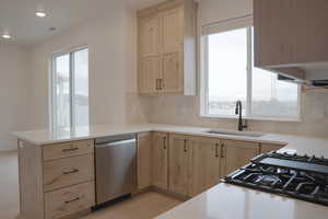 Kitchen with light wood finish cabinets, stainless steel dishwasher, tasteful backsplash, a peninsula, and recessed lighting